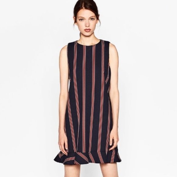 Zara Navy Red Stripe Thick Shift Dress Ruffle Hem S - Picture 1 of 10